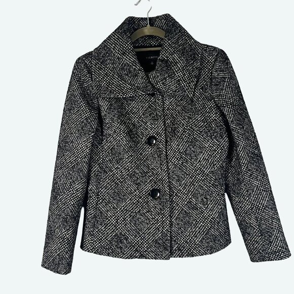 Talbots Wool Blend Black White Silver Wide Collar Large Button Front Blazer 8 - Picture 1 of 9